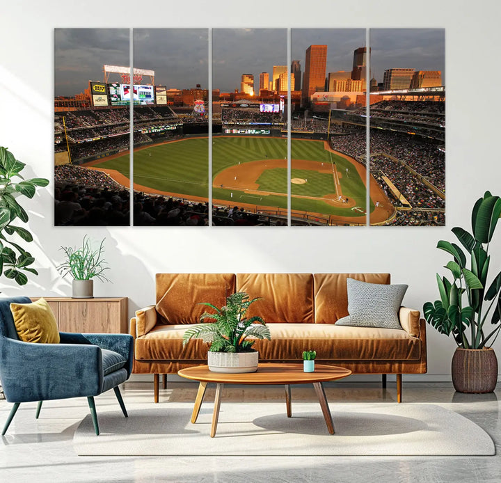 The room features a triptych piece called "Minnesota Twins Baseball Team Print - Minneapolis Target Field Stadium Wall Art Canvas Print." This handmade artwork showcases a baseball stadium at sunset, rendered on premium canvas for a gallery-quality finish.