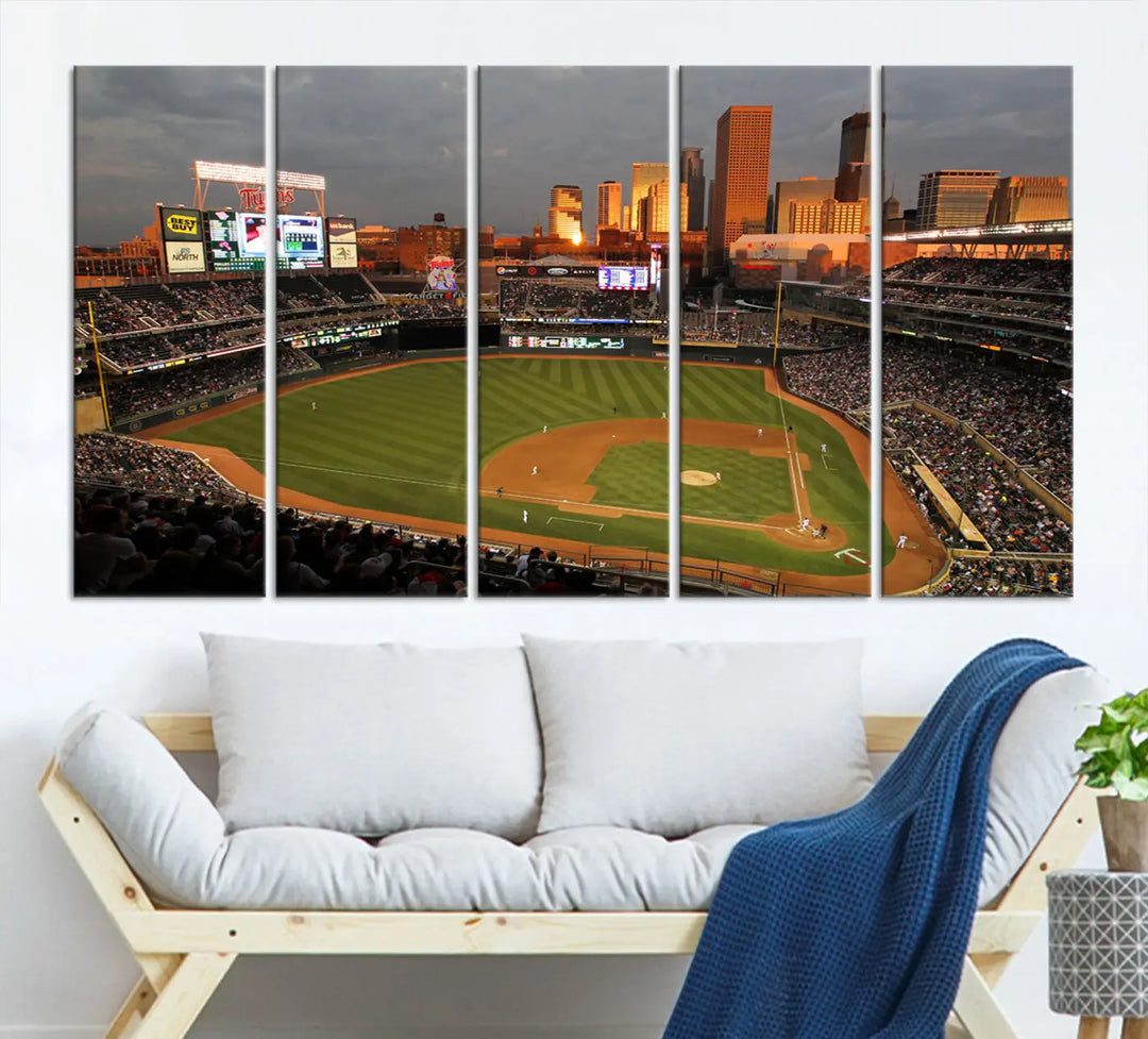 The room features a triptych piece called "Minnesota Twins Baseball Team Print - Minneapolis Target Field Stadium Wall Art Canvas Print." This handmade artwork showcases a baseball stadium at sunset, rendered on premium canvas for a gallery-quality finish.