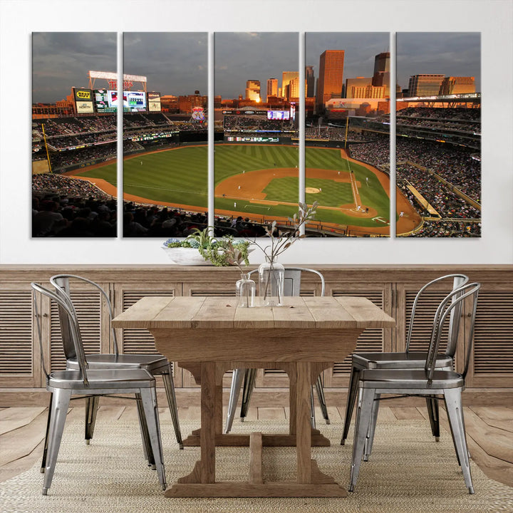 The room features a triptych piece called "Minnesota Twins Baseball Team Print - Minneapolis Target Field Stadium Wall Art Canvas Print." This handmade artwork showcases a baseball stadium at sunset, rendered on premium canvas for a gallery-quality finish.