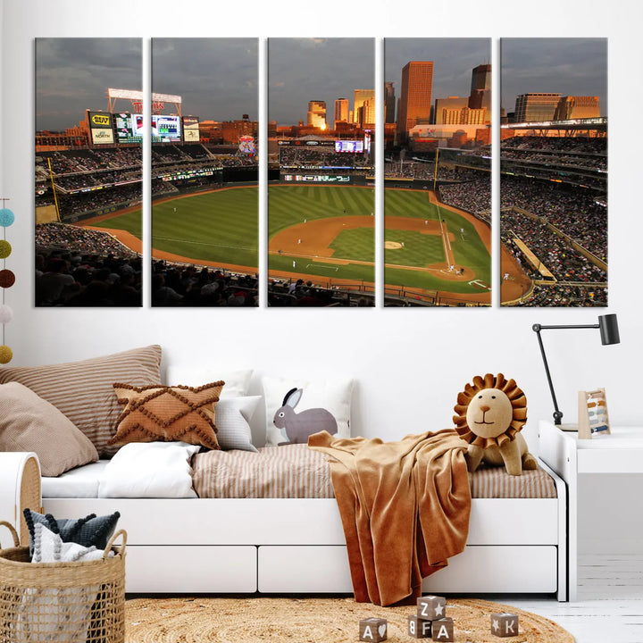 The room features a triptych piece called "Minnesota Twins Baseball Team Print - Minneapolis Target Field Stadium Wall Art Canvas Print." This handmade artwork showcases a baseball stadium at sunset, rendered on premium canvas for a gallery-quality finish.