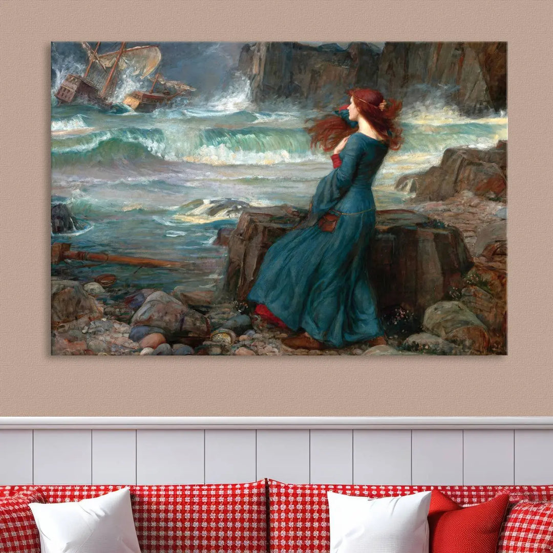 The "Miranda by the Shore Wall Art Canvas Print – Tempest Scene Ocean Storm – Ready to Hang" portrays a woman gazing out at the sea, invoking themes from Shakespeare's "The Tempest," with a shipwreck in the distance.