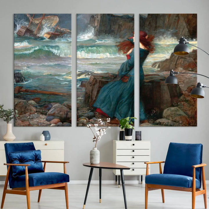 The "Miranda by the Shore Wall Art Canvas Print – Tempest Scene Ocean Storm – Ready to Hang" portrays a woman gazing out at the sea, invoking themes from Shakespeare's "The Tempest," with a shipwreck in the distance.