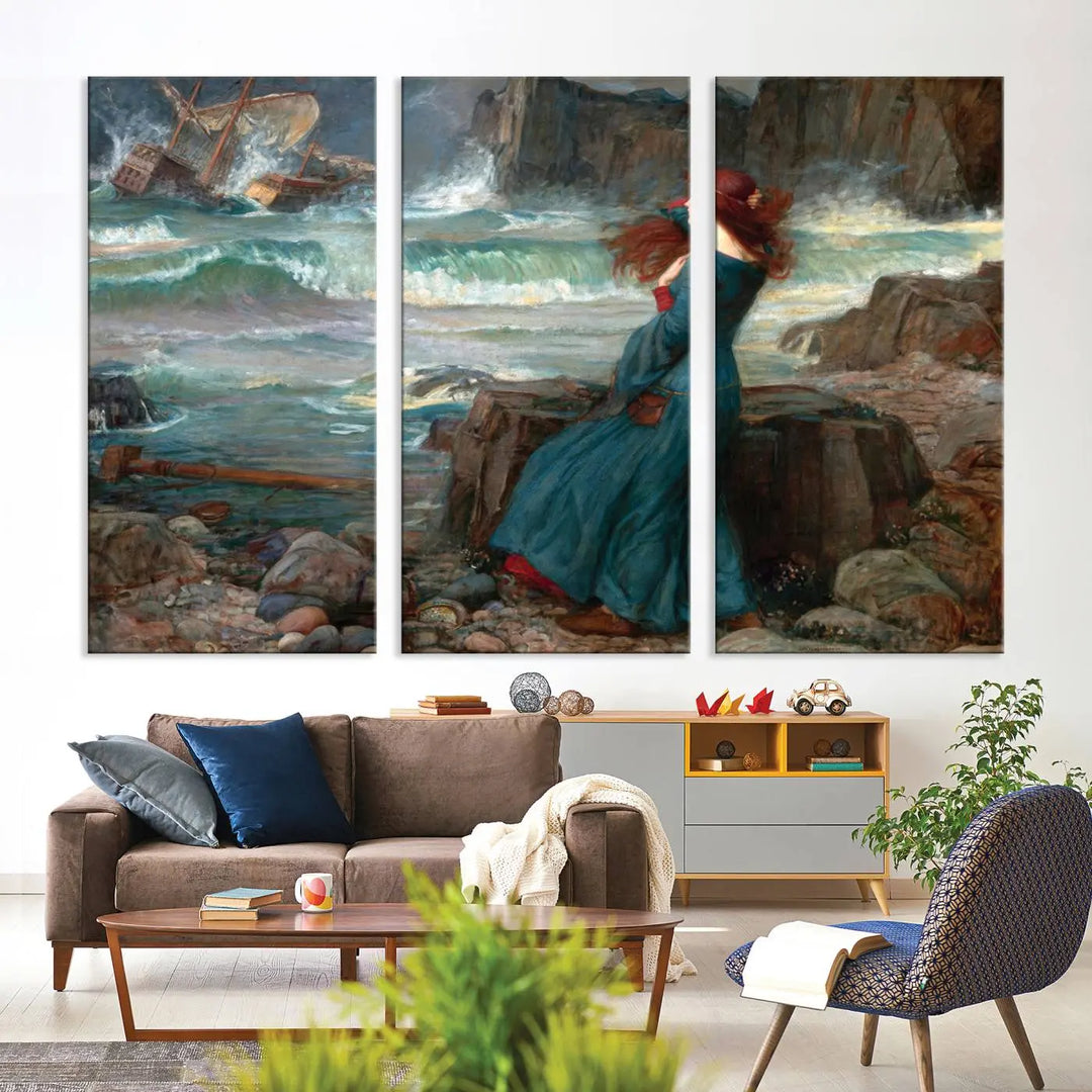 The "Miranda by the Shore Wall Art Canvas Print – Tempest Scene Ocean Storm – Ready to Hang" portrays a woman gazing out at the sea, invoking themes from Shakespeare's "The Tempest," with a shipwreck in the distance.