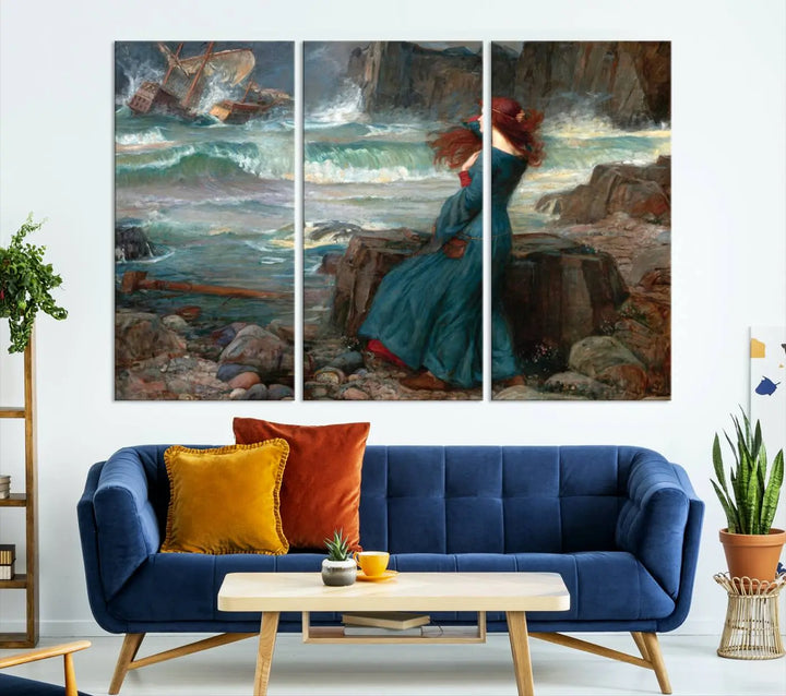 The "Miranda by the Shore Wall Art Canvas Print – Tempest Scene Ocean Storm – Ready to Hang" portrays a woman gazing out at the sea, invoking themes from Shakespeare's "The Tempest," with a shipwreck in the distance.