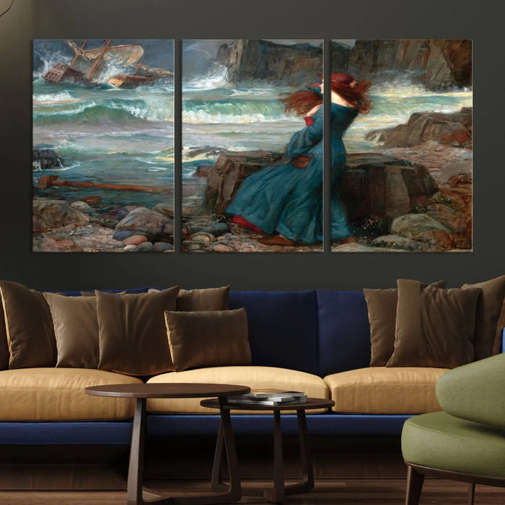 The "Miranda by the Shore Wall Art Canvas Print – Tempest Scene Ocean Storm – Ready to Hang" portrays a woman gazing out at the sea, invoking themes from Shakespeare's "The Tempest," with a shipwreck in the distance.