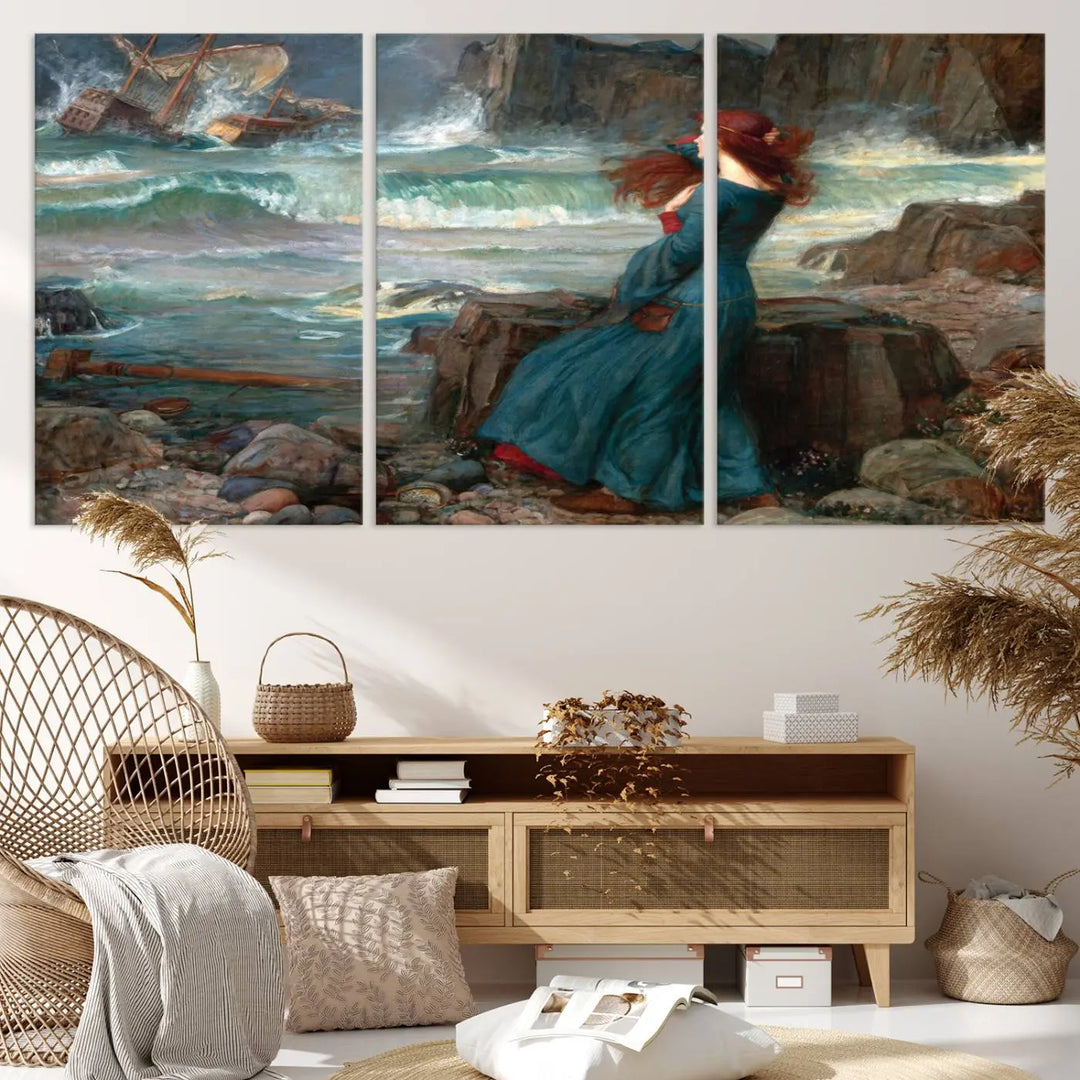 The "Miranda by the Shore Wall Art Canvas Print – Tempest Scene Ocean Storm – Ready to Hang" portrays a woman gazing out at the sea, invoking themes from Shakespeare's "The Tempest," with a shipwreck in the distance.