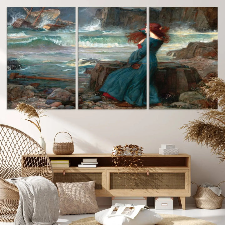 The "Miranda by the Shore Wall Art Canvas Print – Tempest Scene Ocean Storm – Ready to Hang" portrays a woman gazing out at the sea, invoking themes from Shakespeare's "The Tempest," with a shipwreck in the distance.