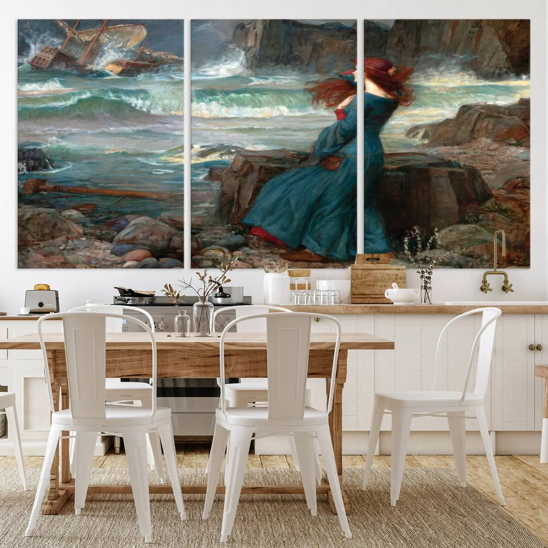 The "Miranda by the Shore Wall Art Canvas Print – Tempest Scene Ocean Storm – Ready to Hang" portrays a woman gazing out at the sea, invoking themes from Shakespeare's "The Tempest," with a shipwreck in the distance.