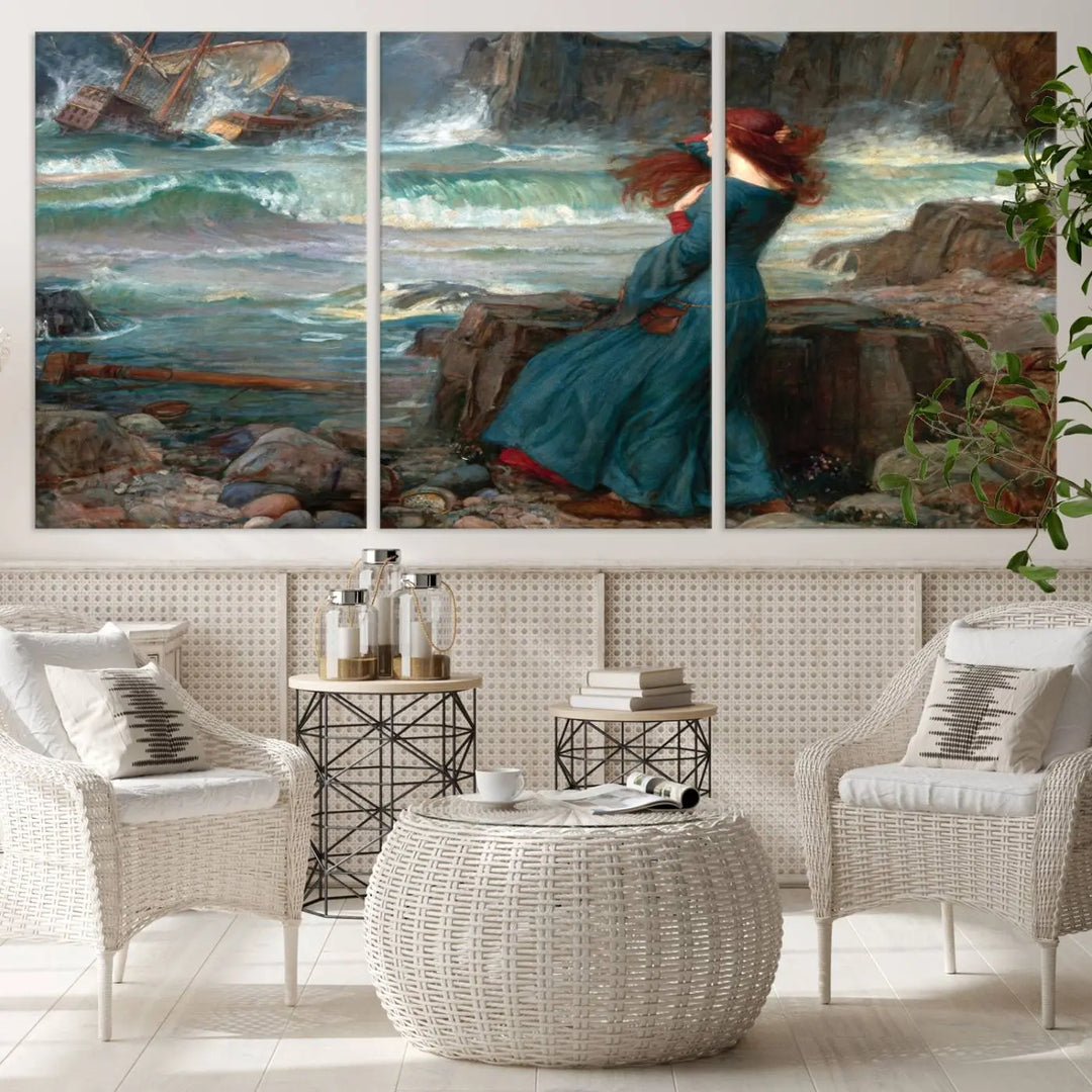 The "Miranda by the Shore Wall Art Canvas Print – Tempest Scene Ocean Storm – Ready to Hang" portrays a woman gazing out at the sea, invoking themes from Shakespeare's "The Tempest," with a shipwreck in the distance.