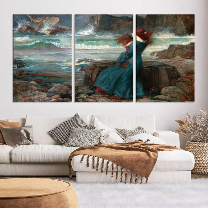 The "Miranda by the Shore Wall Art Canvas Print – Tempest Scene Ocean Storm – Ready to Hang" portrays a woman gazing out at the sea, invoking themes from Shakespeare's "The Tempest," with a shipwreck in the distance.