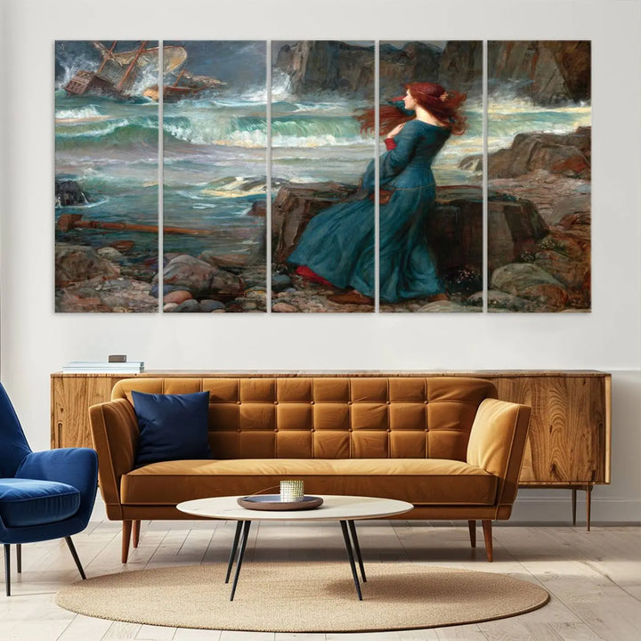 The "Miranda by the Shore Wall Art Canvas Print – Tempest Scene Ocean Storm – Ready to Hang" portrays a woman gazing out at the sea, invoking themes from Shakespeare's "The Tempest," with a shipwreck in the distance.