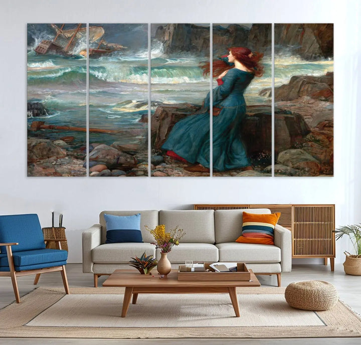 The "Miranda by the Shore Wall Art Canvas Print – Tempest Scene Ocean Storm – Ready to Hang" portrays a woman gazing out at the sea, invoking themes from Shakespeare's "The Tempest," with a shipwreck in the distance.