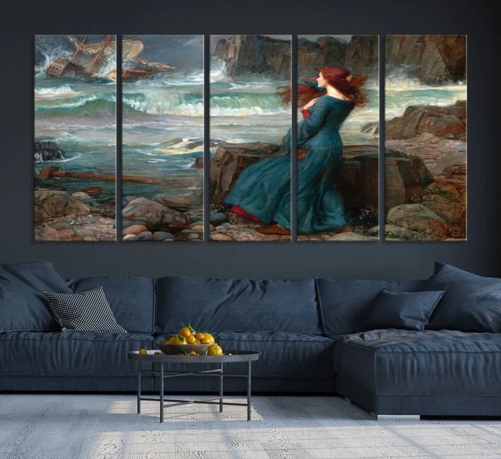 The "Miranda by the Shore Wall Art Canvas Print – Tempest Scene Ocean Storm – Ready to Hang" portrays a woman gazing out at the sea, invoking themes from Shakespeare's "The Tempest," with a shipwreck in the distance.