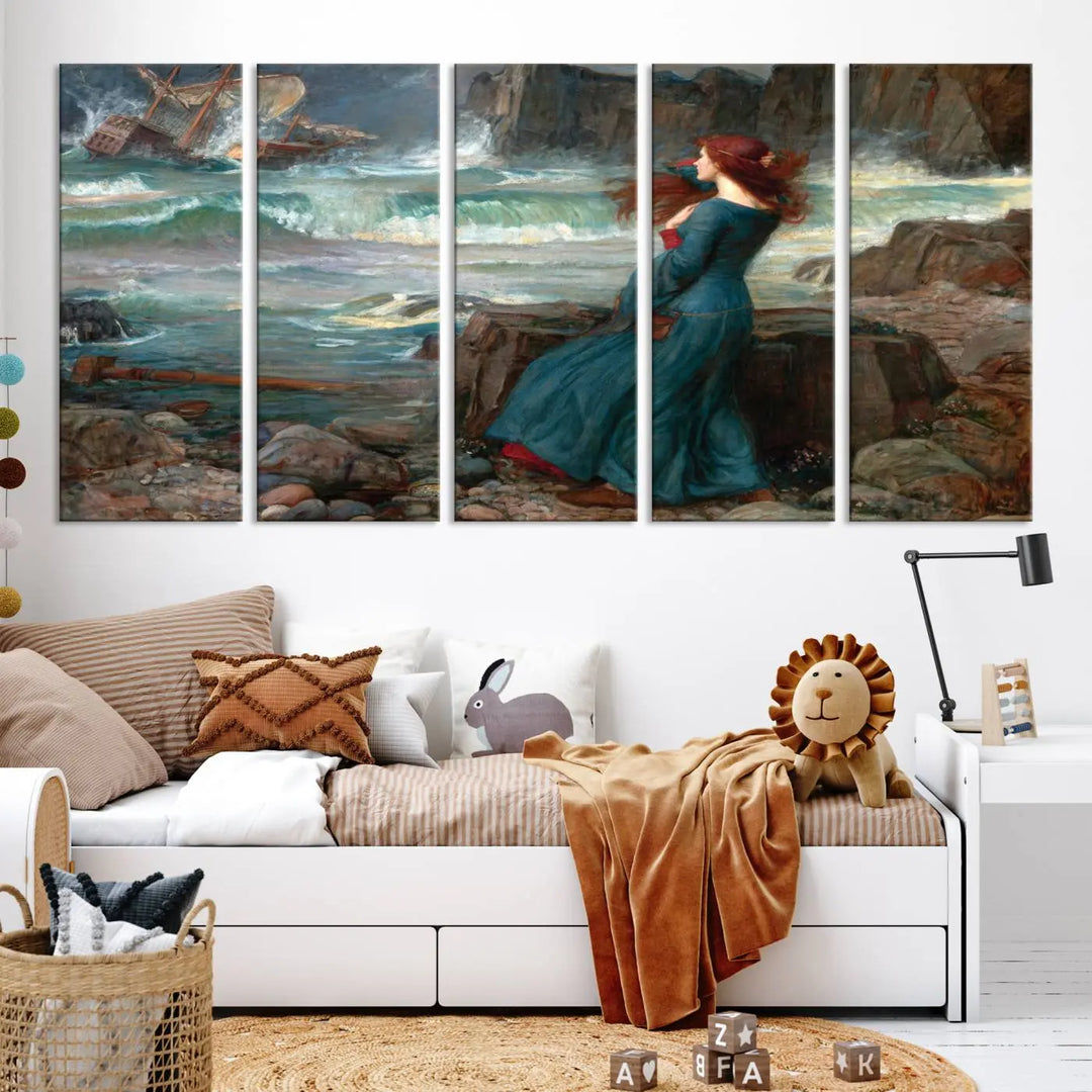 The "Miranda by the Shore Wall Art Canvas Print – Tempest Scene Ocean Storm – Ready to Hang" portrays a woman gazing out at the sea, invoking themes from Shakespeare's "The Tempest," with a shipwreck in the distance.