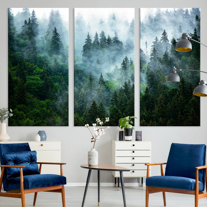 17393683-MGV-CV-36X24-Misty Forest Art Wall Art Canvas Print, Foggy Mountain Art Print, Framed Scenic Wall Print Art Print, Large Woodland Canvas Printing Perfect