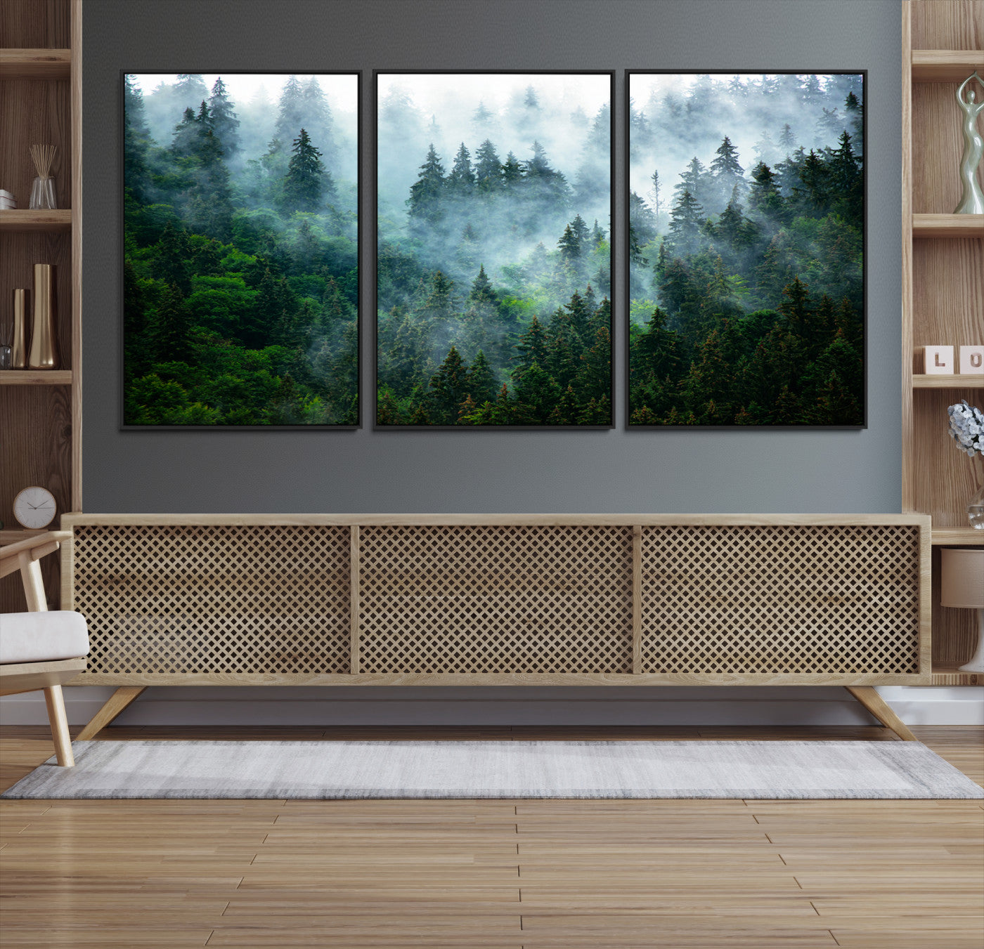 17393683-MGV-CV-36X24-Misty Forest Art Wall Art Canvas Print, Foggy Mountain Art Print, Framed Scenic Wall Print Art Print, Large Woodland Canvas Printing Perfect