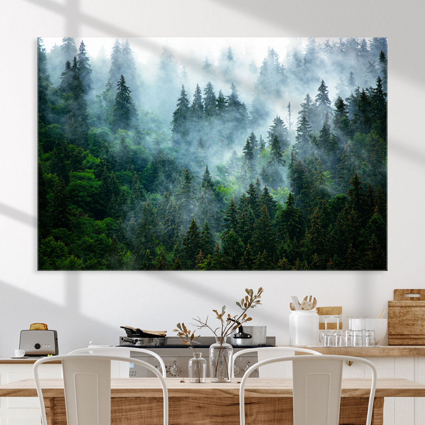 Misty Forest Art Wall Art Canvas Print, Foggy Mountain Art Print, Framed Scenic Wall Print Art Print, Large Woodland Canvas Printing Perfect