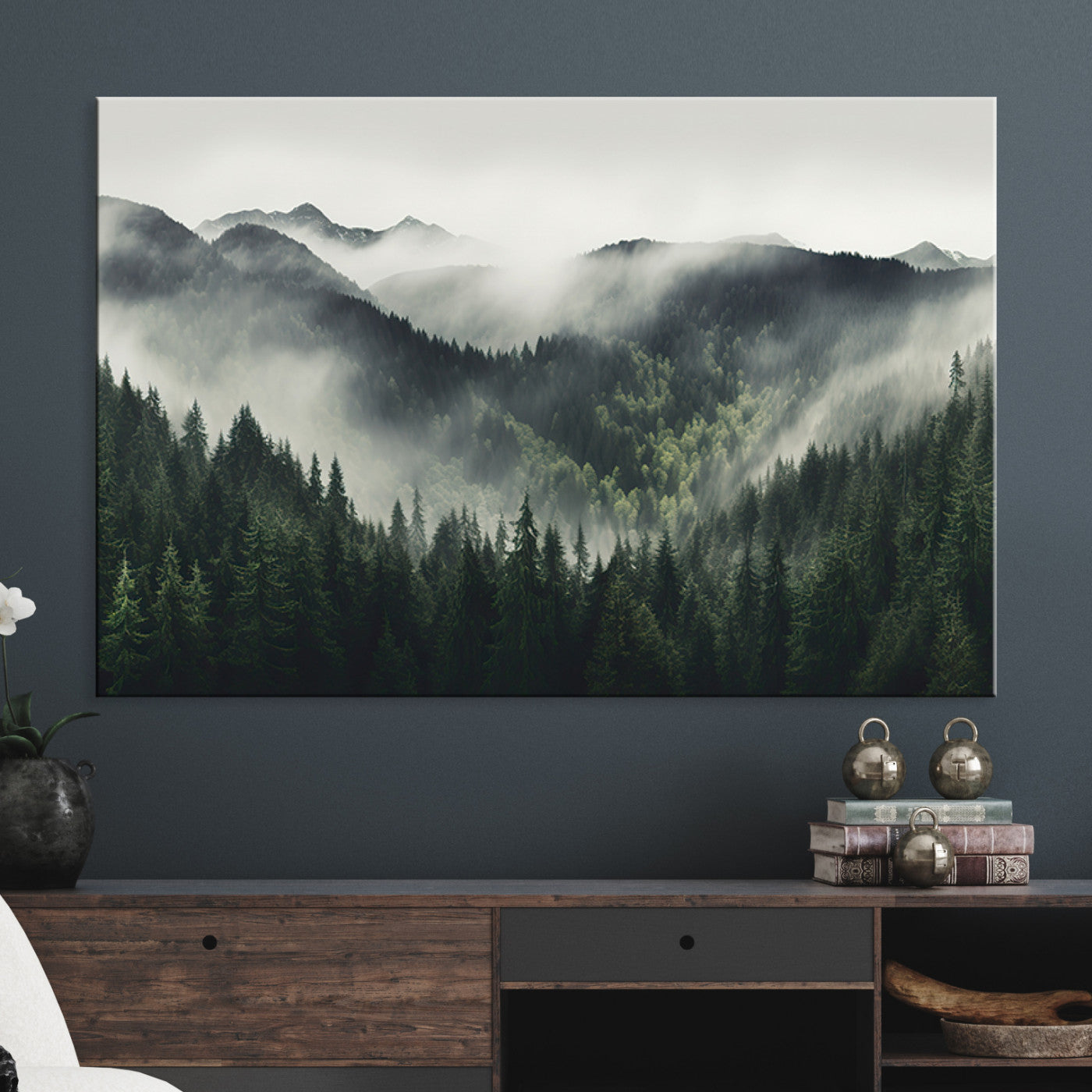 90953-MGV-CV-36X24-Misty Forest Canvas Print Wall Art Premium Canvas Print a Foggy and Serene Atmosphere