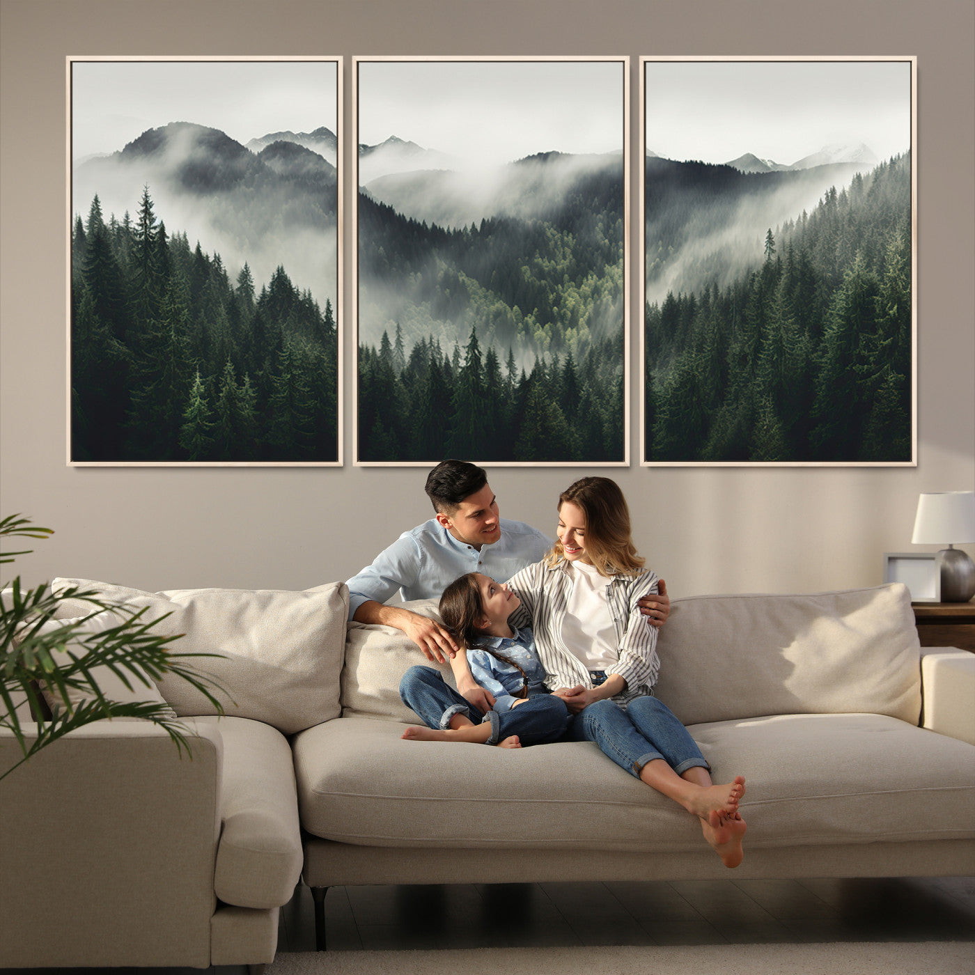 90953-MGV-FC-60X30-3P_Natural-Misty Forest Canvas Print Wall Art Premium Canvas Print a Foggy and Serene Atmosphere