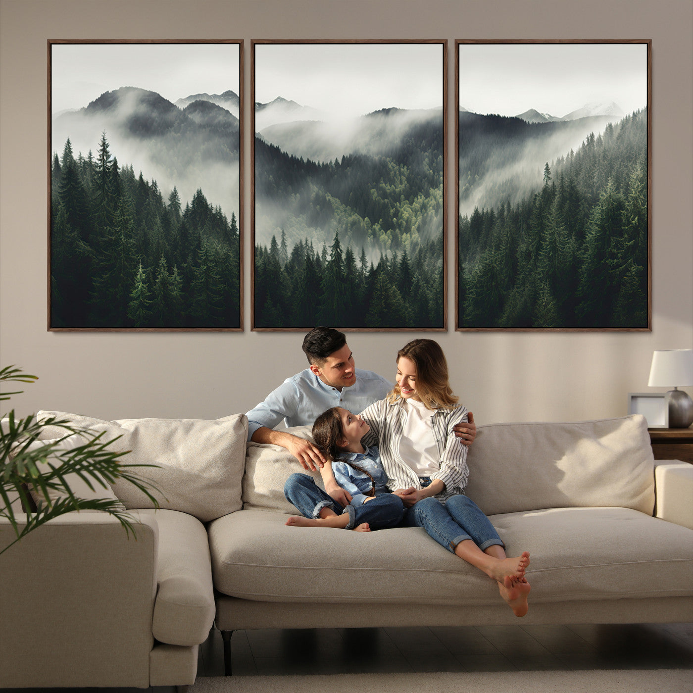 90953-MGV-FC-60X30-3P_Walnut-Misty Forest Canvas Print Wall Art Premium Canvas Print a Foggy and Serene Atmosphere