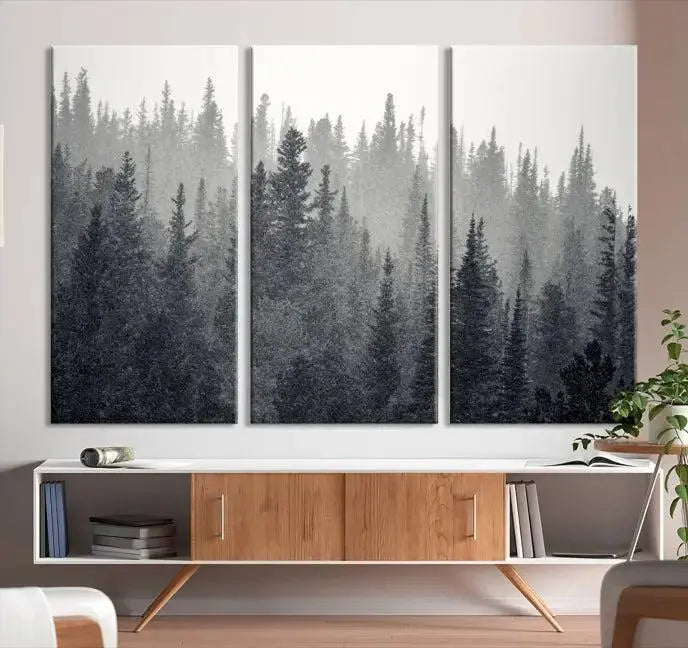 Misty Forest Canvas Wall Art – Monochrome Triptych Pine Tree Print – Nature-Inspired Home Decor – Ready to Hang for Living Room or Office