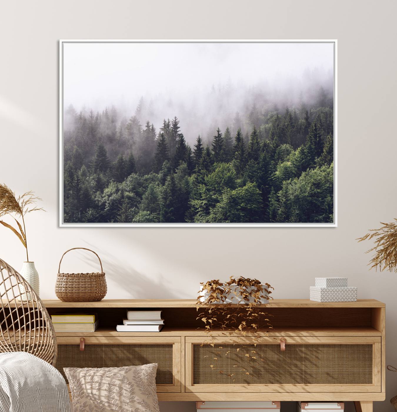 42578900-MGV-CV-36X24-Misty Forest Canvas Wall Art – Serene Triptych Nature Print – Woodland Landscape Decor for Living Room or Office – Ready to Hang