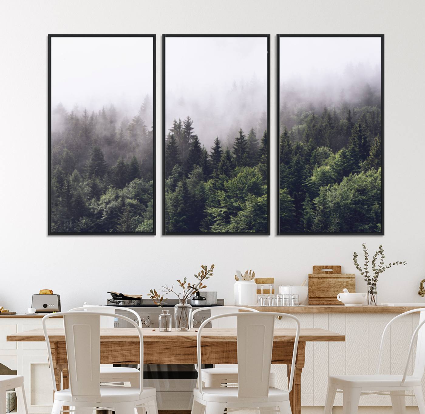 42578900-MGV-CV-36X24-Misty Forest Canvas Wall Art – Serene Triptych Nature Print – Woodland Landscape Decor for Living Room or Office – Ready to Hang