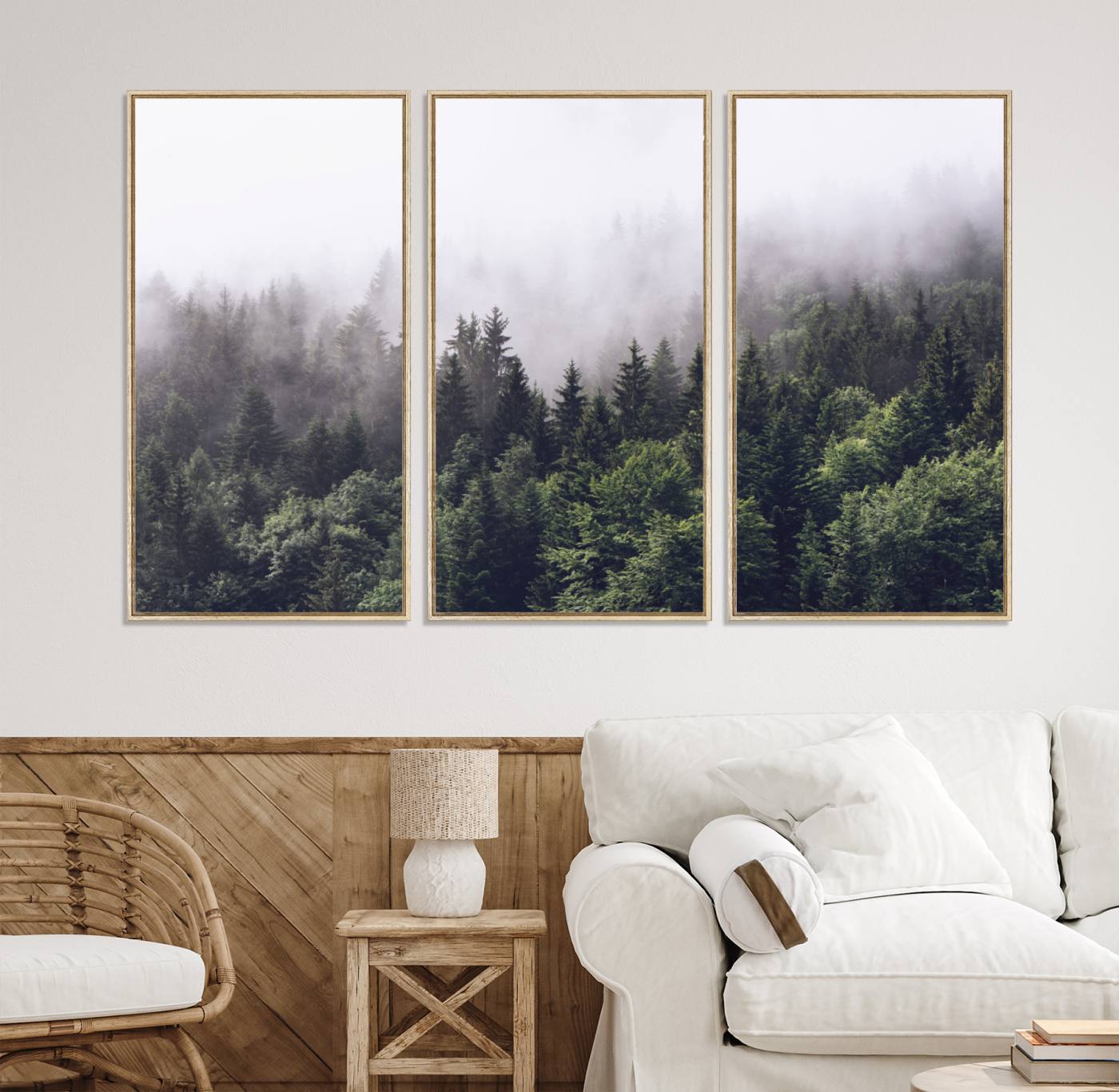 42578900-MGV-CV-36X24-Misty Forest Canvas Wall Art – Serene Triptych Nature Print – Woodland Landscape Decor for Living Room or Office – Ready to Hang