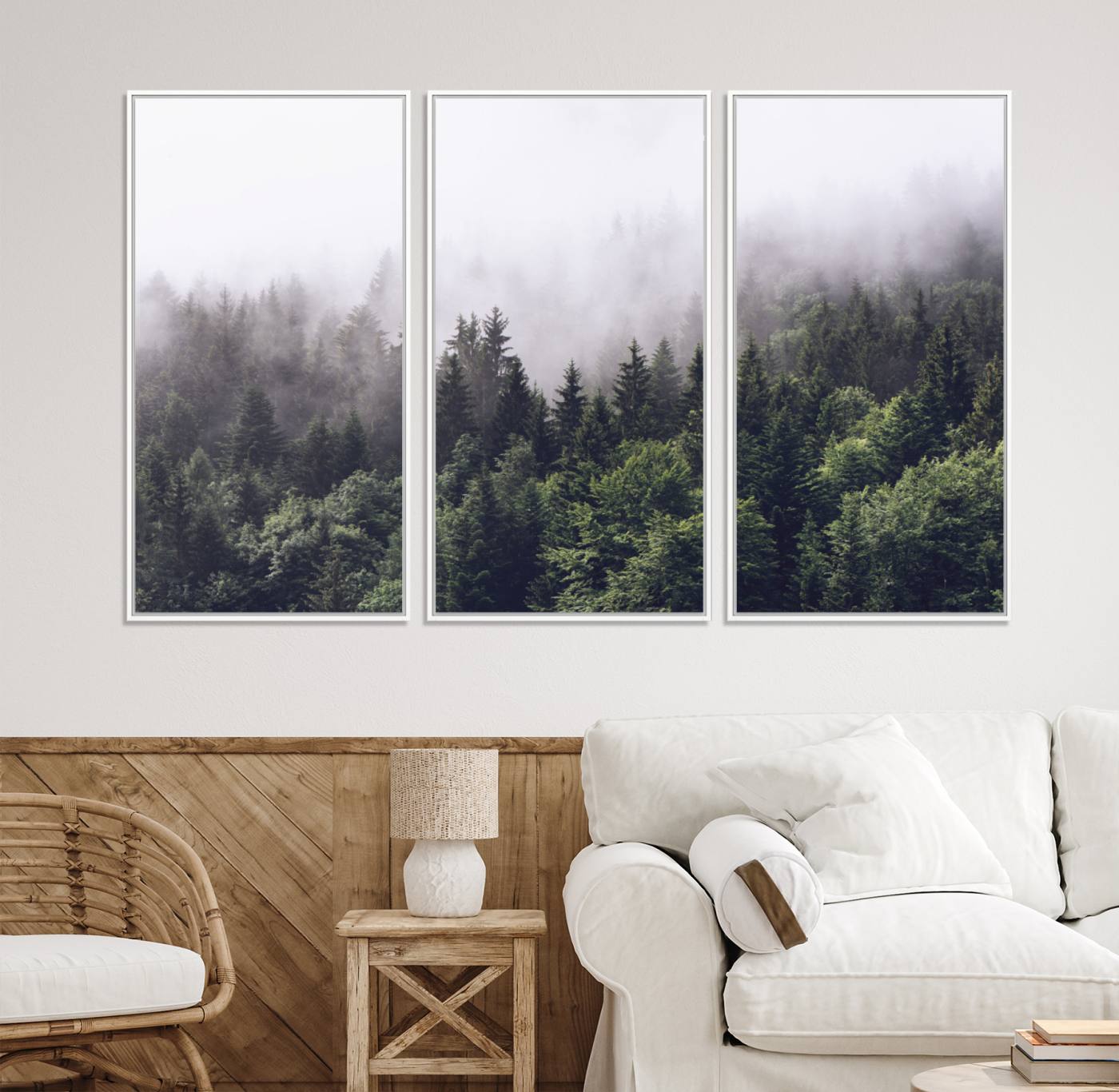 42578900-MGV-CV-36X24-Misty Forest Canvas Wall Art – Serene Triptych Nature Print – Woodland Landscape Decor for Living Room or Office – Ready to Hang