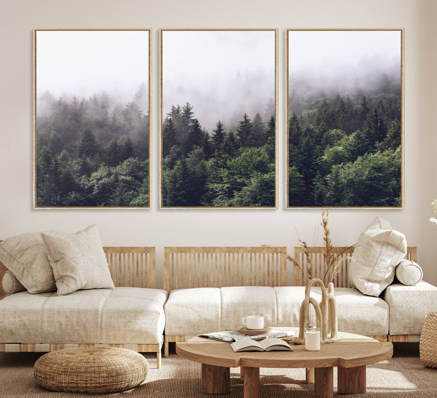 42578900-MGV-CV-36X24-Misty Forest Canvas Wall Art – Serene Triptych Nature Print – Woodland Landscape Decor for Living Room or Office – Ready to Hang