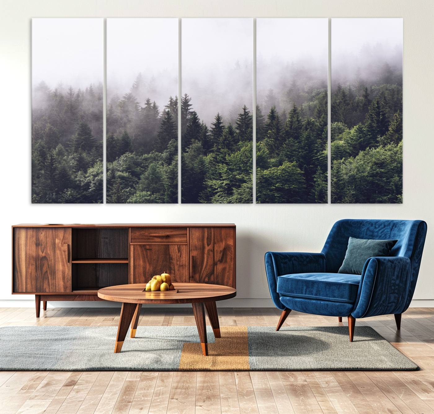 42578900-MGV-CV-36X24-Misty Forest Canvas Wall Art – Serene Triptych Nature Print – Woodland Landscape Decor for Living Room or Office – Ready to Hang
