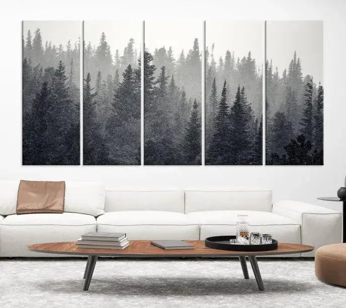 Misty Forest Canvas Wall Art – Monochrome Triptych Pine Tree Print – Nature-Inspired Home Decor – Ready to Hang for Living Room or Office