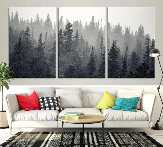 Misty Forest Canvas Wall Art – Monochrome Triptych Pine Tree Print – Nature-Inspired Home Decor – Ready to Hang for Living Room or Office