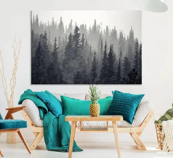 Misty Forest Canvas Wall Art – Monochrome Triptych Pine Tree Print – Nature-Inspired Home Decor – Ready to Hang for Living Room or Office
