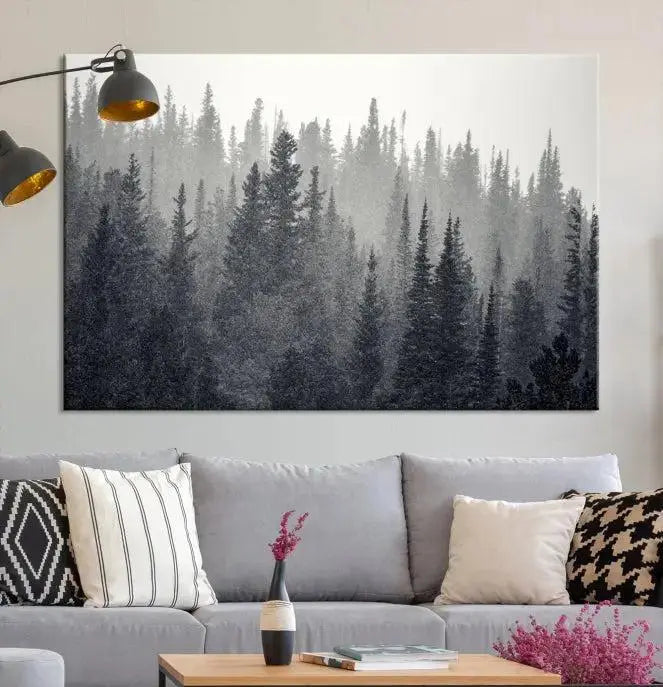 Misty Forest Canvas Wall Art – Monochrome Triptych Pine Tree Print – Nature-Inspired Home Decor – Ready to Hang for Living Room or Office