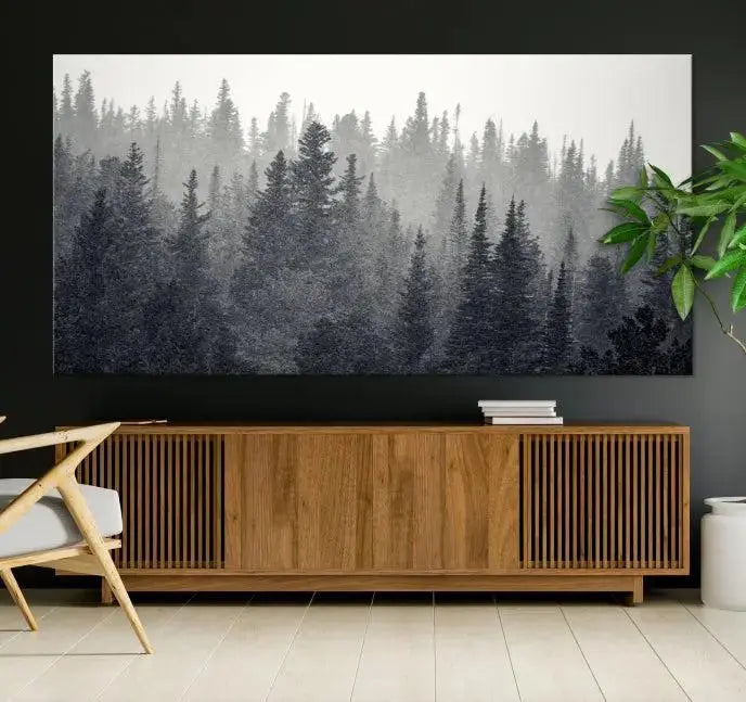 Misty Forest Canvas Wall Art – Monochrome Triptych Pine Tree Print – Nature-Inspired Home Decor – Ready to Hang for Living Room or Office
