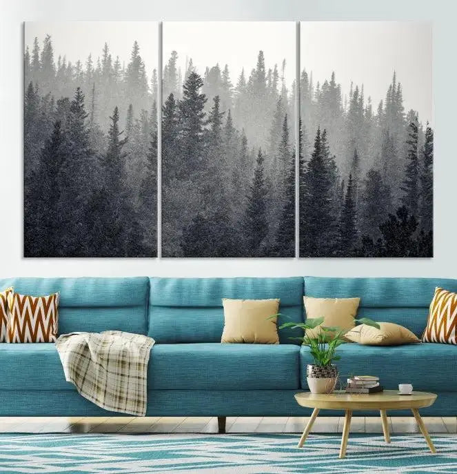 Misty Forest Canvas Wall Art – Monochrome Triptych Pine Tree Print – Nature-Inspired Home Decor – Ready to Hang for Living Room or Office