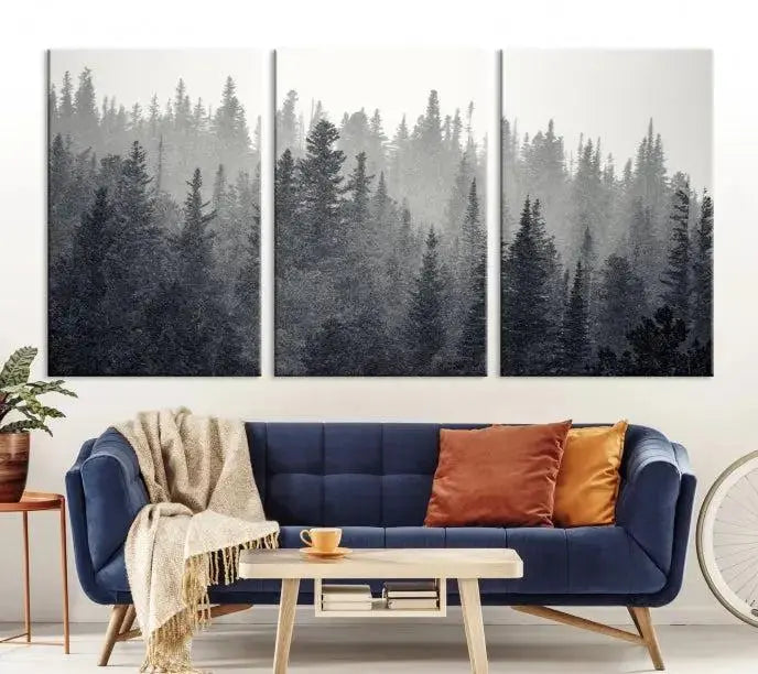 Misty Forest Canvas Wall Art – Monochrome Triptych Pine Tree Print – Nature-Inspired Home Decor – Ready to Hang for Living Room or Office