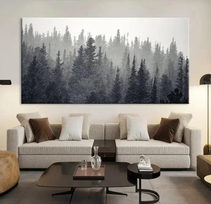 Misty Forest Canvas Wall Art – Monochrome Triptych Pine Tree Print – Nature-Inspired Home Decor – Ready to Hang for Living Room or Office