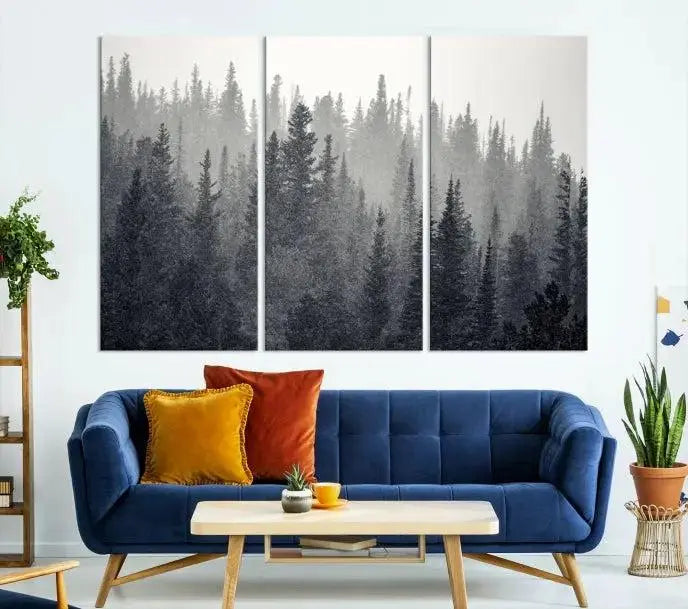 Misty Forest Canvas Wall Art – Monochrome Triptych Pine Tree Print – Nature-Inspired Home Decor – Ready to Hang for Living Room or Office
