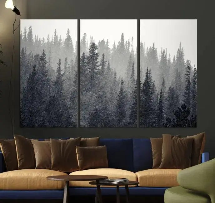 Misty Forest Canvas Wall Art – Monochrome Triptych Pine Tree Print – Nature-Inspired Home Decor – Ready to Hang for Living Room or Office