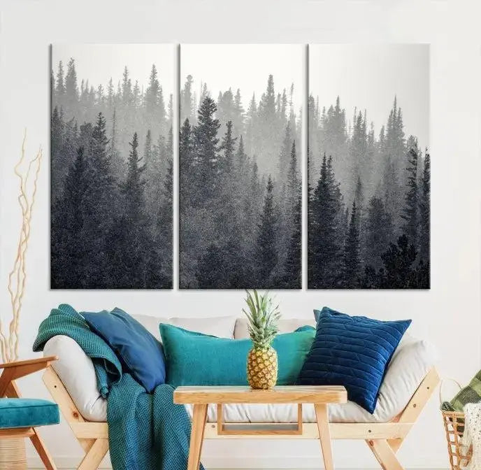 Misty Forest Canvas Wall Art – Monochrome Triptych Pine Tree Print – Nature-Inspired Home Decor – Ready to Hang for Living Room or Office