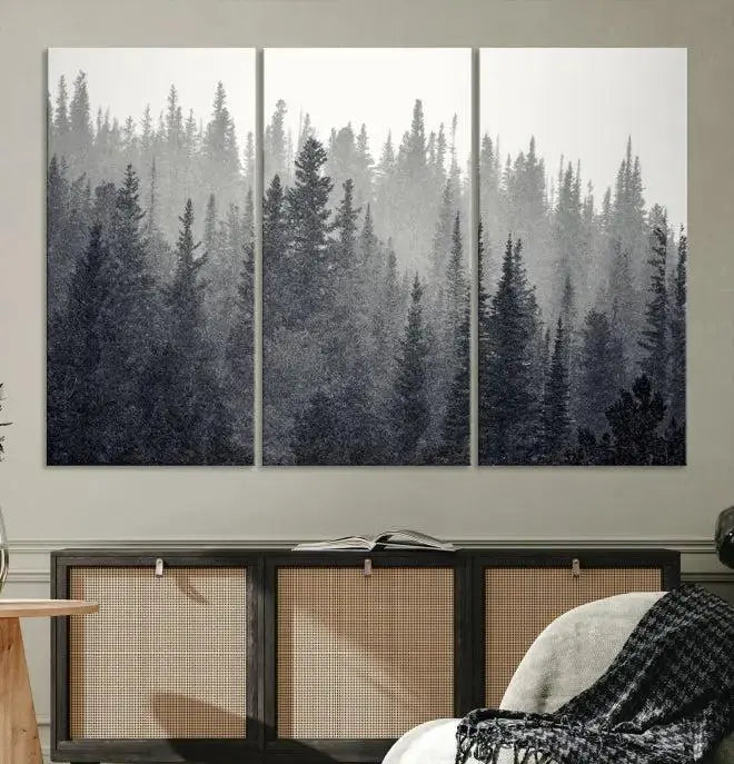 Misty Forest Canvas Wall Art – Monochrome Triptych Pine Tree Print – Nature-Inspired Home Decor – Ready to Hang for Living Room or Office