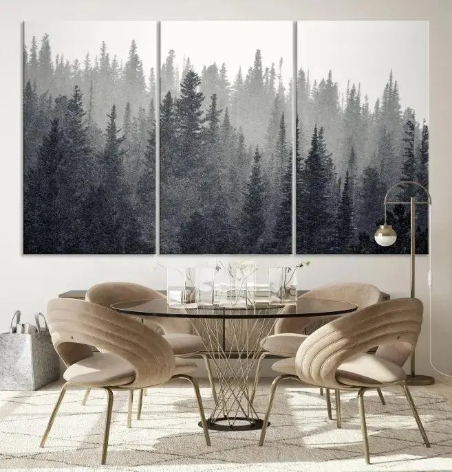 Misty Forest Canvas Wall Art – Monochrome Triptych Pine Tree Print – Nature-Inspired Home Decor – Ready to Hang for Living Room or Office