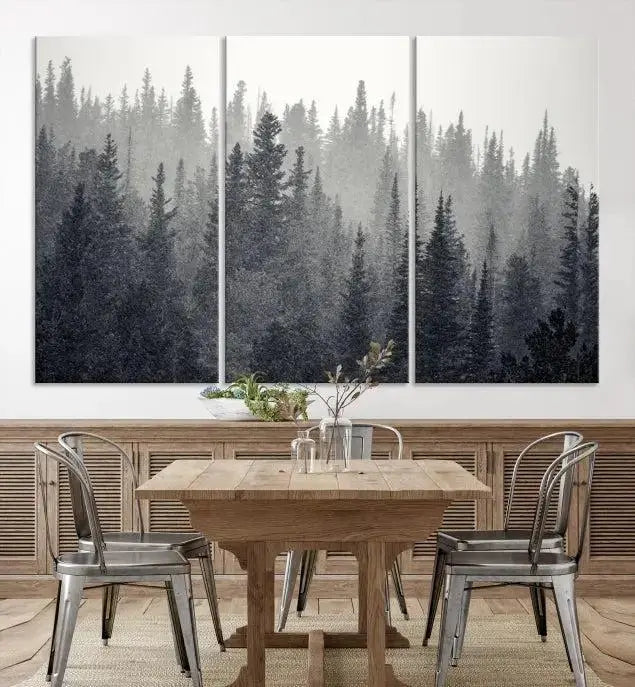 Misty Forest Canvas Wall Art – Monochrome Triptych Pine Tree Print – Nature-Inspired Home Decor – Ready to Hang for Living Room or Office