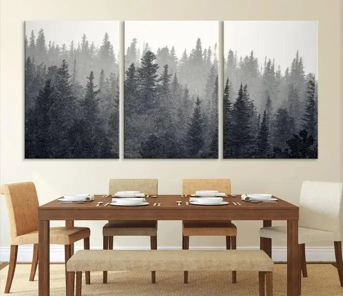 Misty Forest Canvas Wall Art – Monochrome Triptych Pine Tree Print – Nature-Inspired Home Decor – Ready to Hang for Living Room or Office