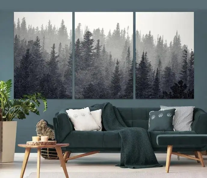Misty Forest Canvas Wall Art – Monochrome Triptych Pine Tree Print – Nature-Inspired Home Decor – Ready to Hang for Living Room or Office