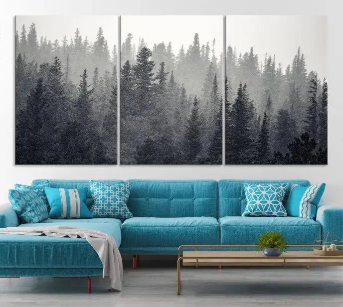 Misty Forest Canvas Wall Art – Monochrome Triptych Pine Tree Print – Nature-Inspired Home Decor – Ready to Hang for Living Room or Office