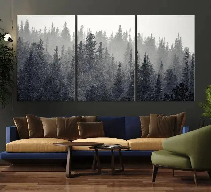 Misty Forest Canvas Wall Art – Monochrome Triptych Pine Tree Print – Nature-Inspired Home Decor – Ready to Hang for Living Room or Office