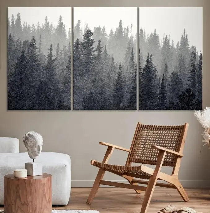 Misty Forest Canvas Wall Art – Monochrome Triptych Pine Tree Print – Nature-Inspired Home Decor – Ready to Hang for Living Room or Office